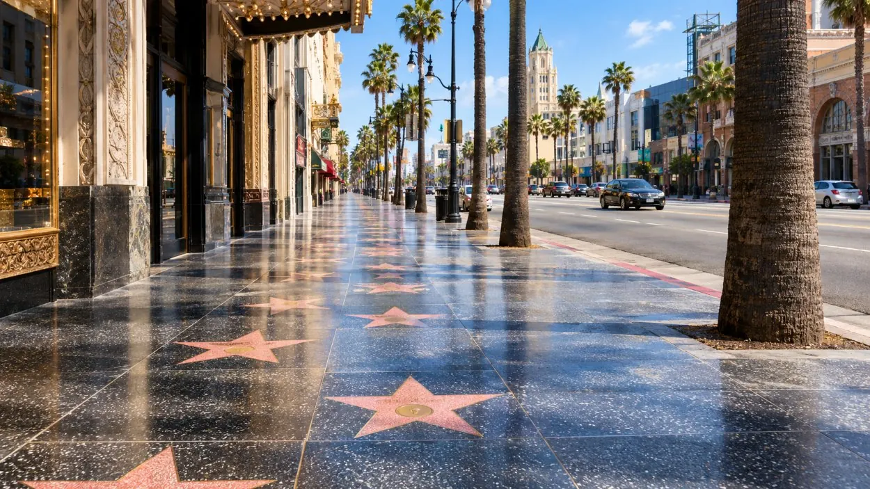 Hollywood Boulevard by day, stars set into the sidewalk under palm trees