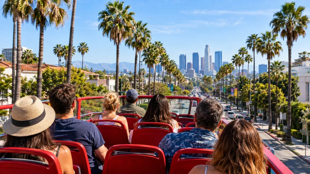 An open-top sightseeing bus driving along a palm-lined Los Angeles street