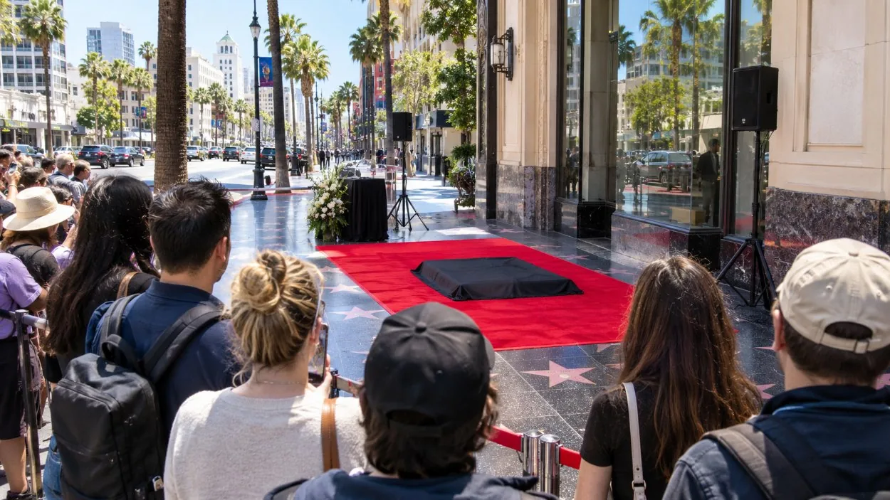 Onlookers behind a barrier at a star ceremony on Hollywood Boulevard