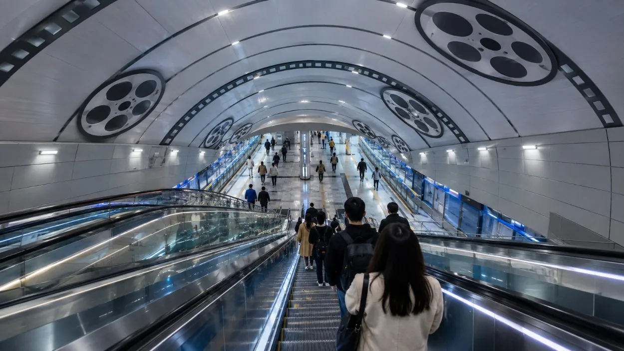 An escalator descending into an underground Metro station in Hollywood