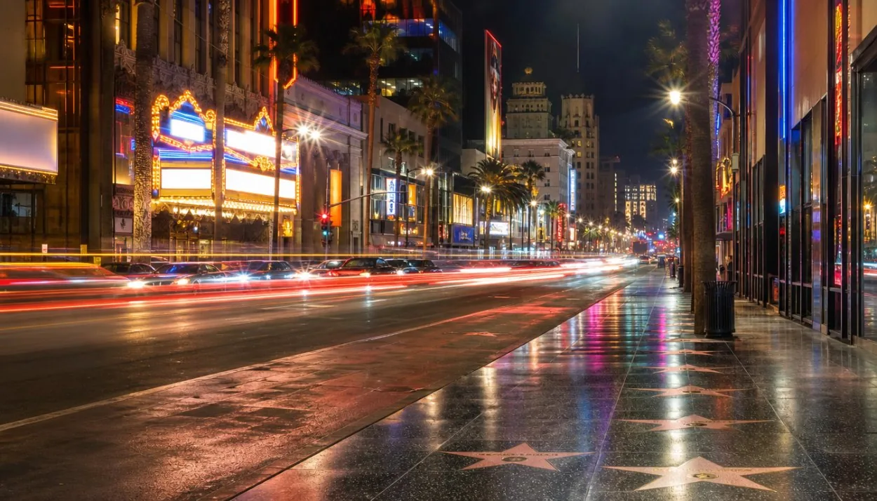 Hollywood Boulevard at night with lit theatre marquees and passing traffic