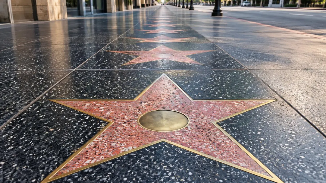 A long row of terrazzo and brass stars on the Hollywood Boulevard sidewalk