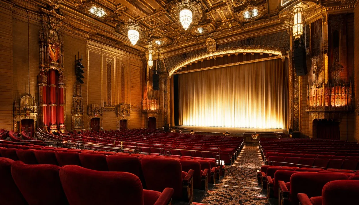 The gilded interior of a grand Hollywood theatre with rows of red seats