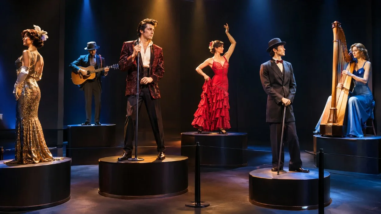 A gallery of lifelike wax figures under stage lighting
