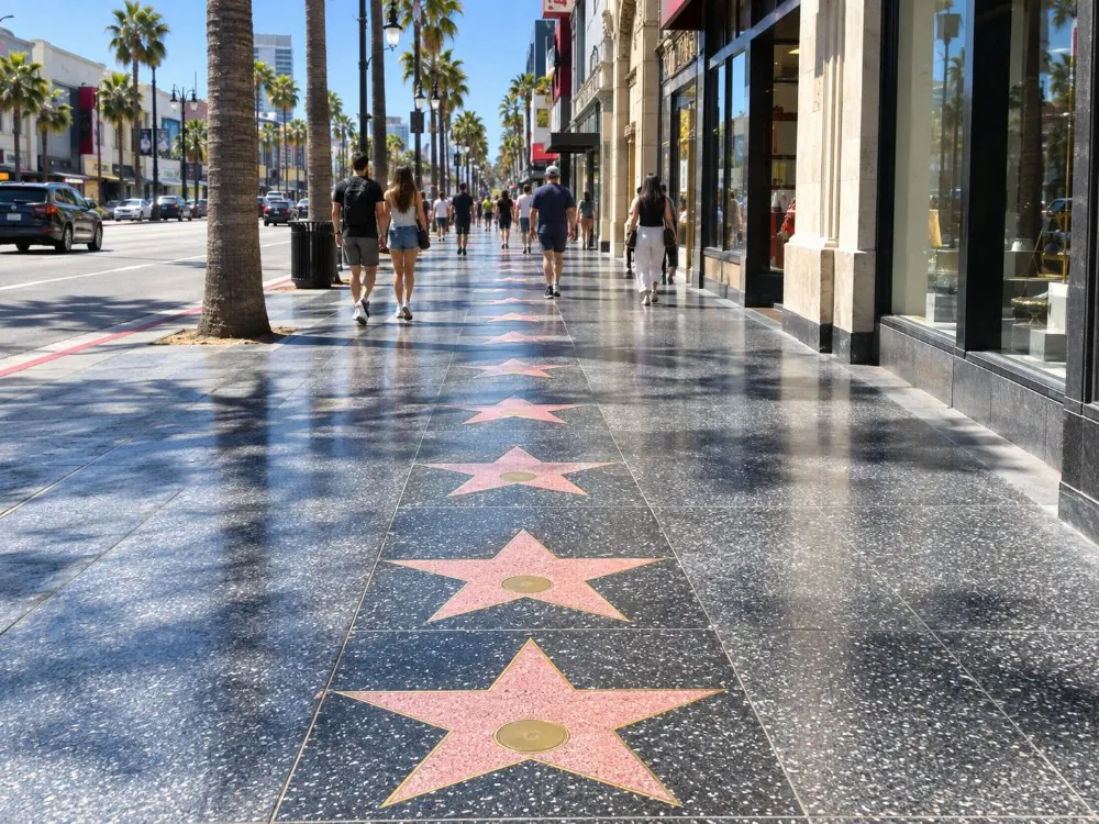 Hollywood Boulevard sidewalk lined with stars under palm trees
