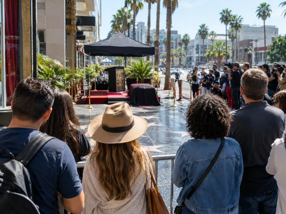 A crowd behind a barrier watching a star unveiling
