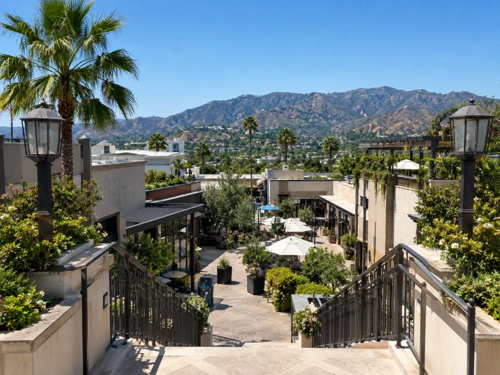The Hollywood Hills seen from the top of a stairway above the boulevard